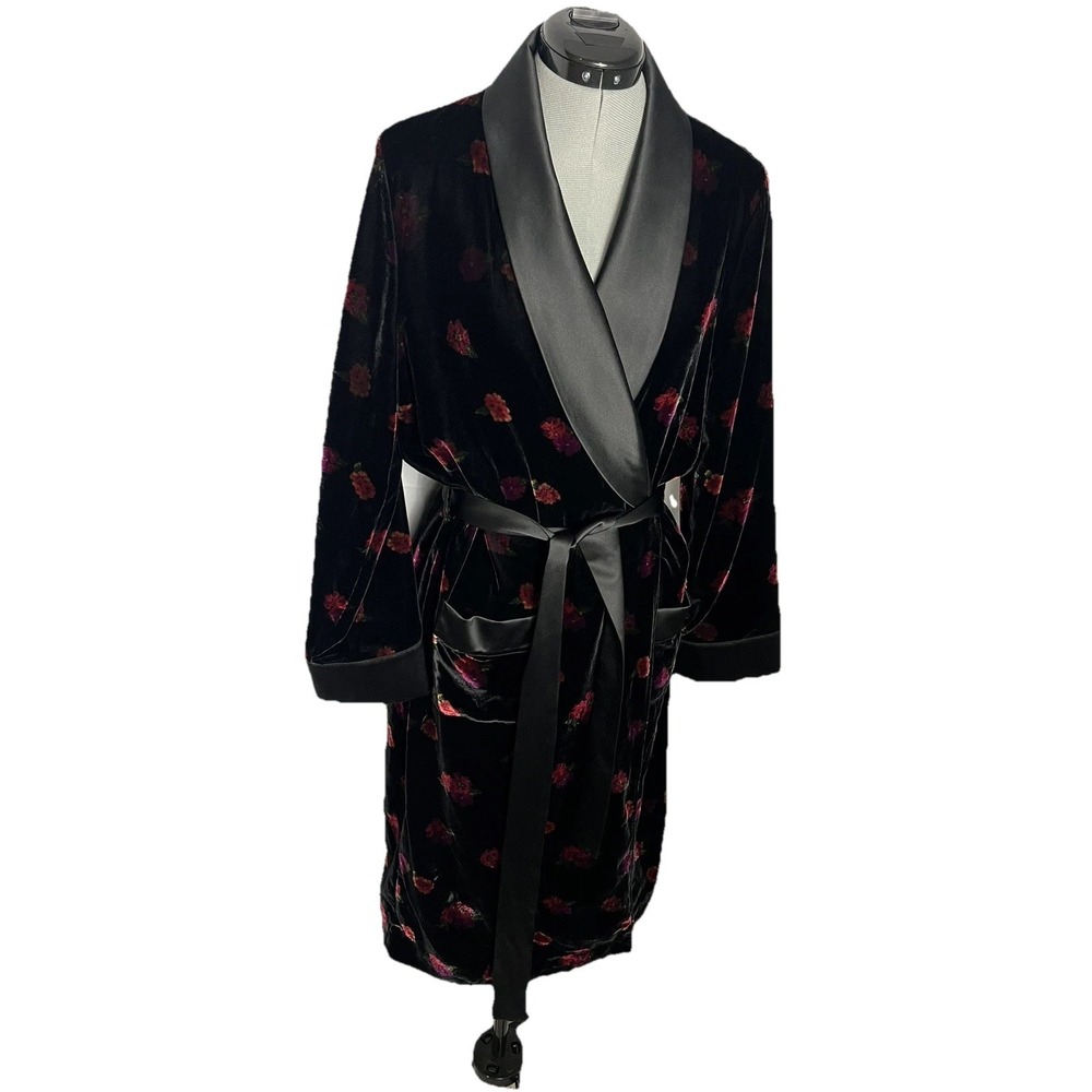 Victoria's Secret Black Pink Red Floral Velvet Robe Luxury Satin Lined, Sz L